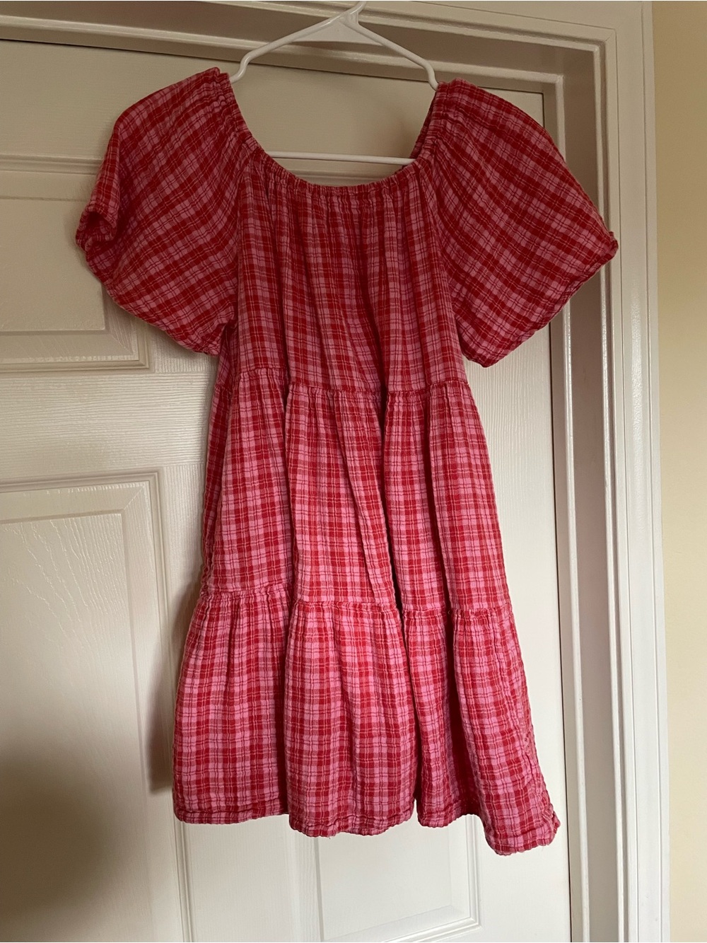 Girls Red/Pink Plaid Short Sleeve Tiered Dress